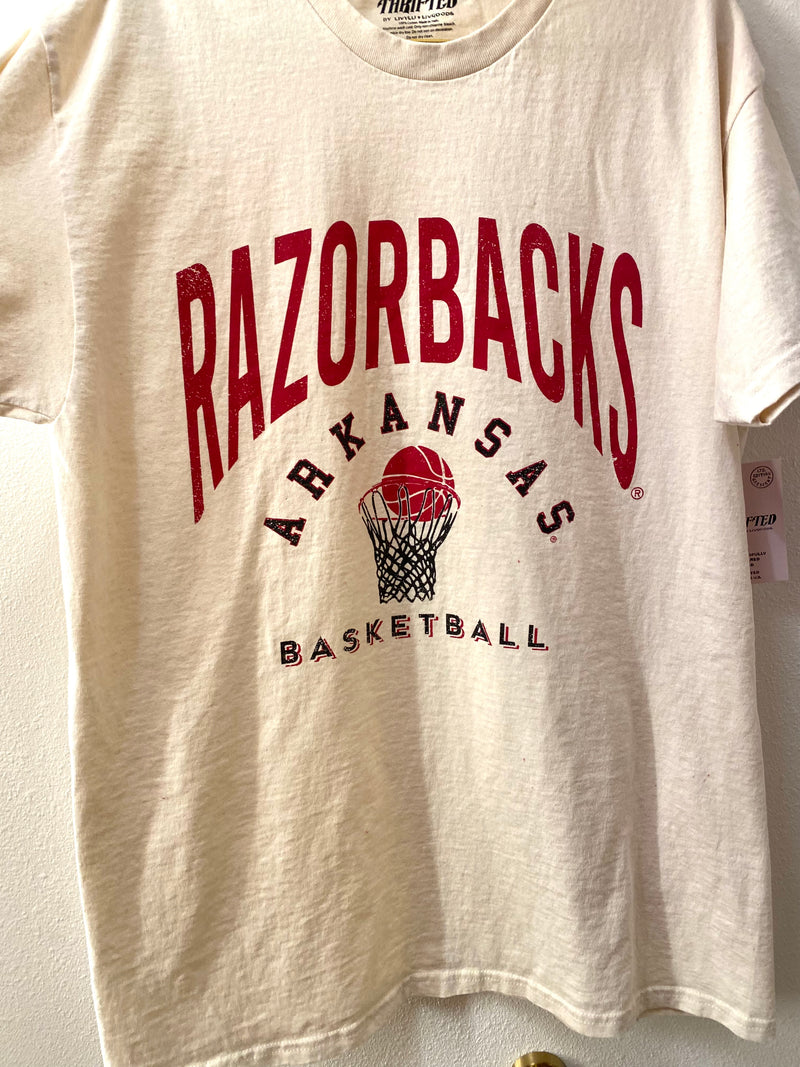 Off White Arkansas Basketball Thrifted Tee