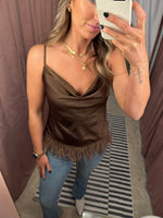 Satin Cowl Neck Feather Top